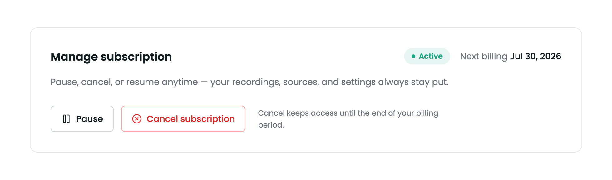 Manage subscription card