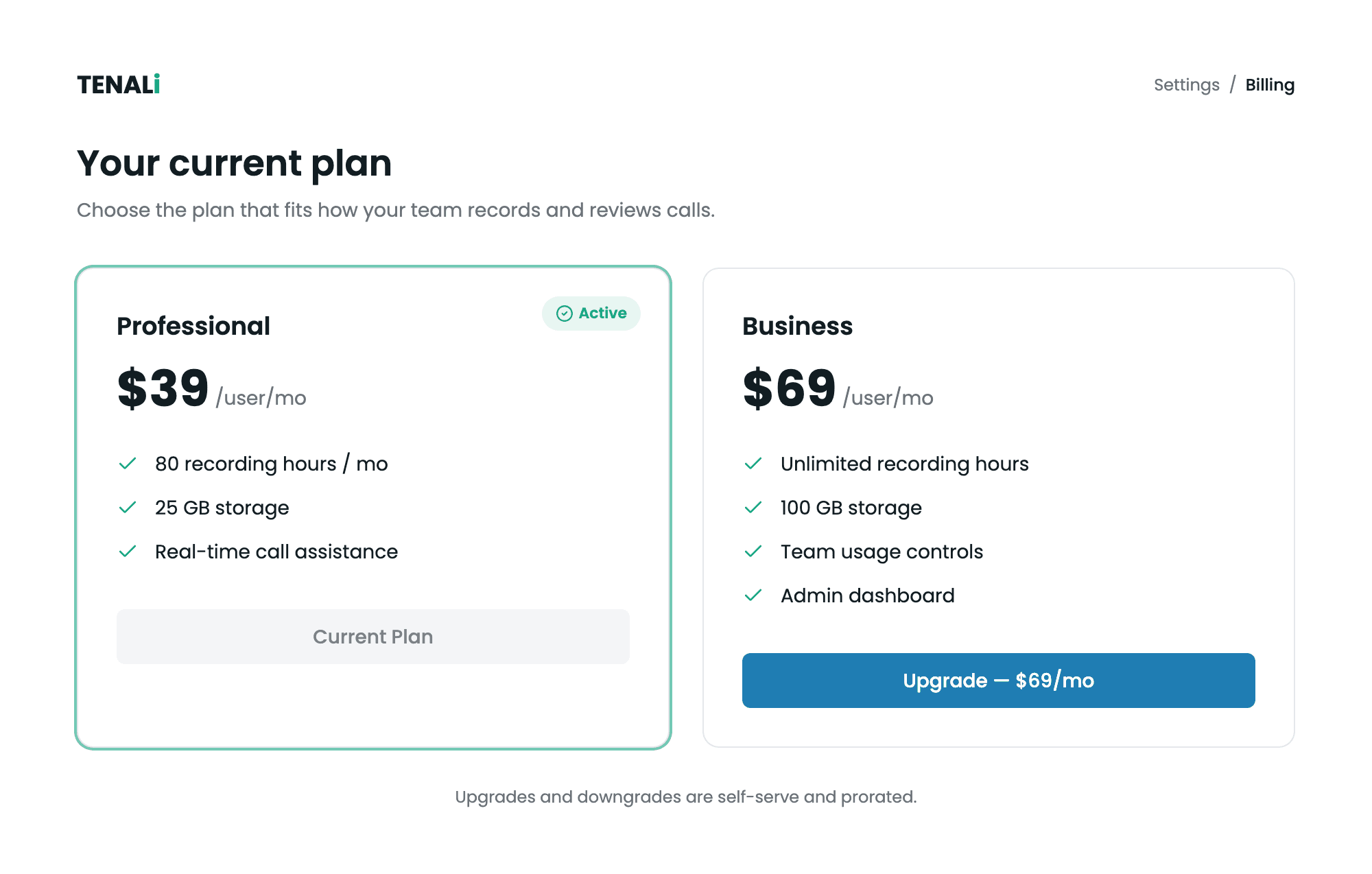 Upgrade and downgrade plan cards