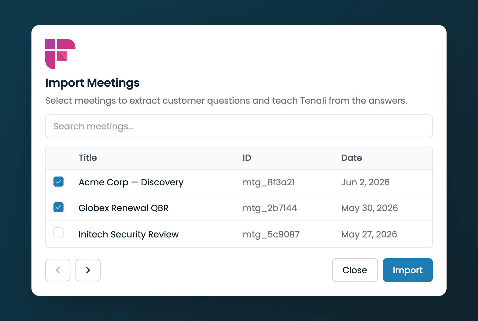 Import Meetings dialog