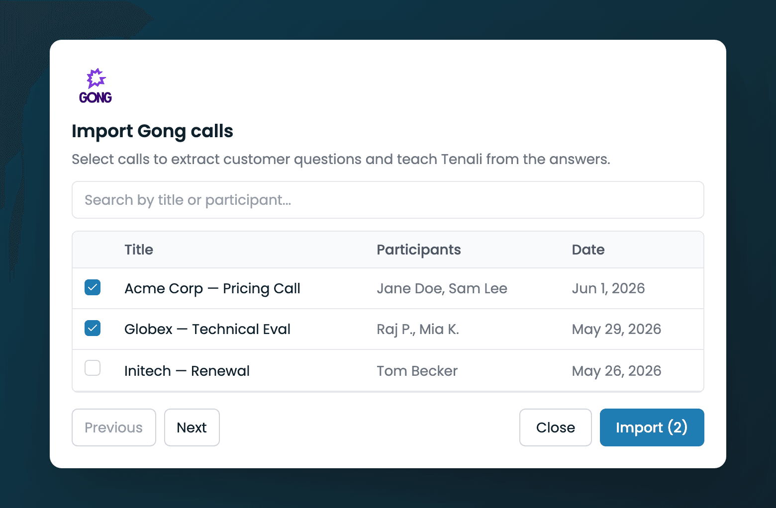 Import Gong calls dialog
