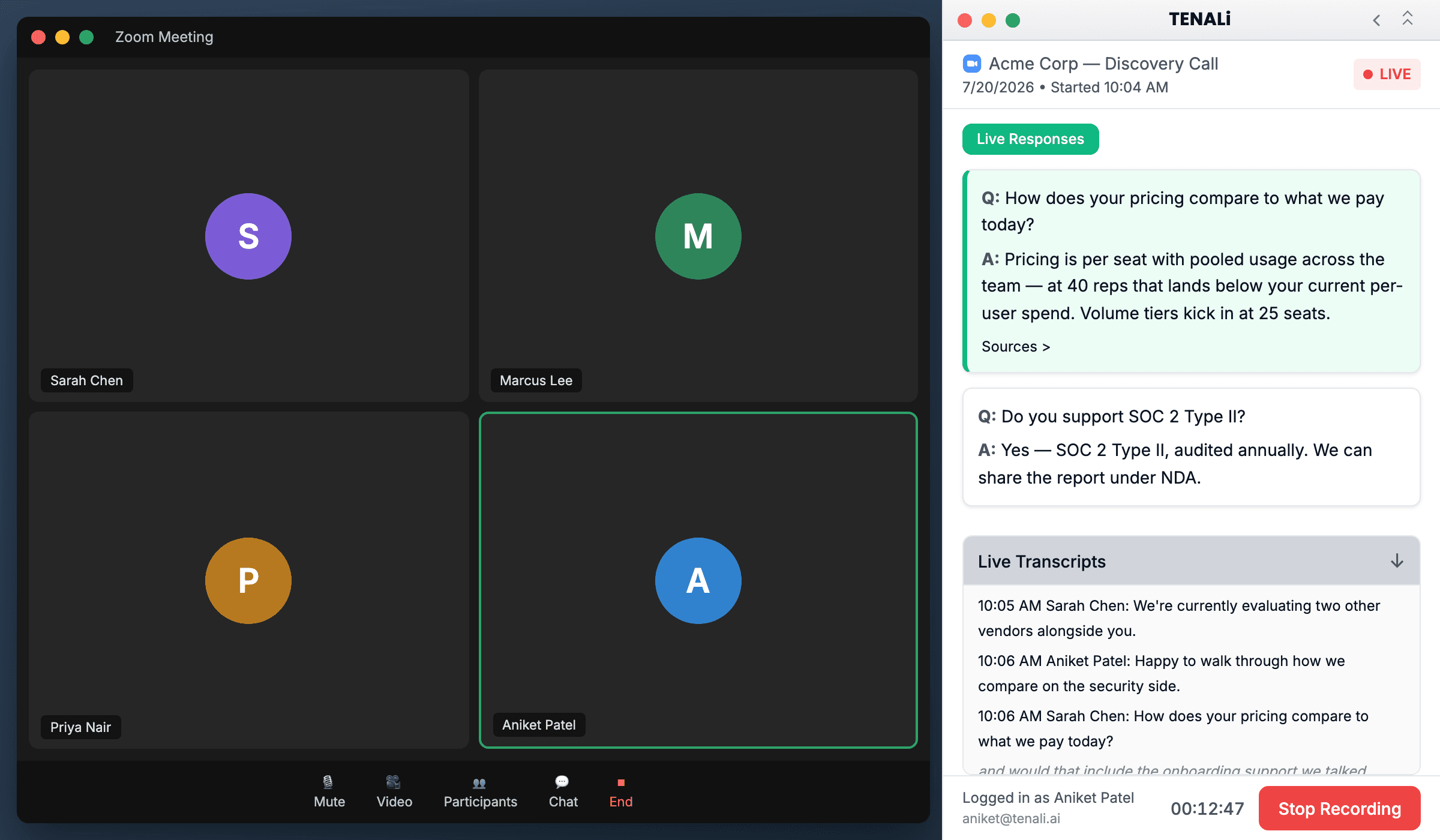 Docked side panel beside a live call