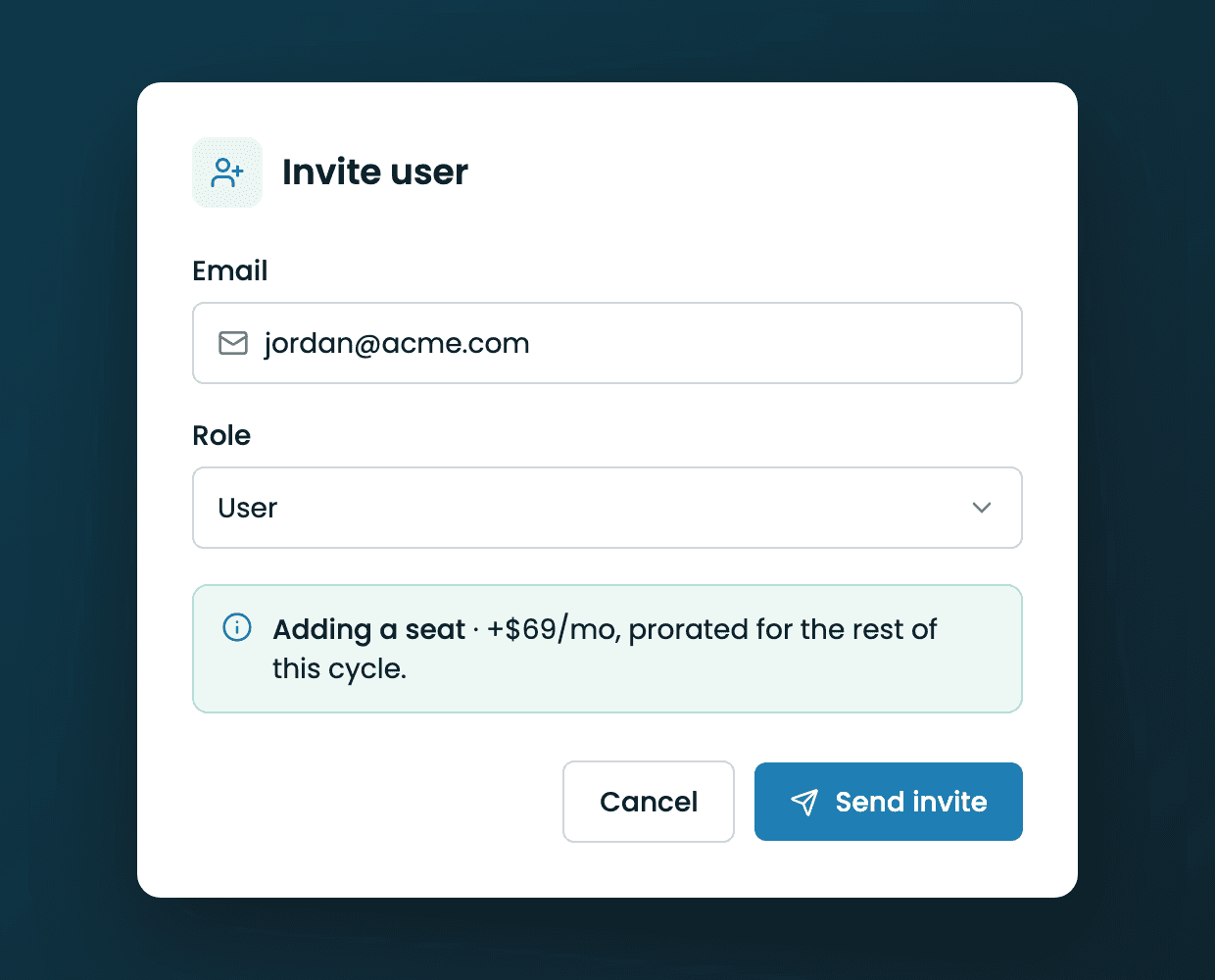 Invite dialog with seat-cost delta